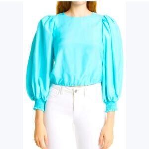 Alice + Olivia Shondra cotton silk blend puff sleeve blouse in aqua sz xs